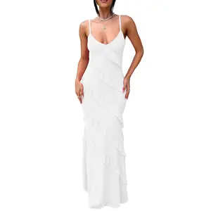 HOCILLE Women's Ruffle Mesh Maxi Dress - Sexy Bodycon Spaghetti Strap Party Dress Elegant Graduation & Wedding Guest Outfit 2026, Sleeveless Hollow Out Backless Long Dress (Spring Break & Prom Ready)