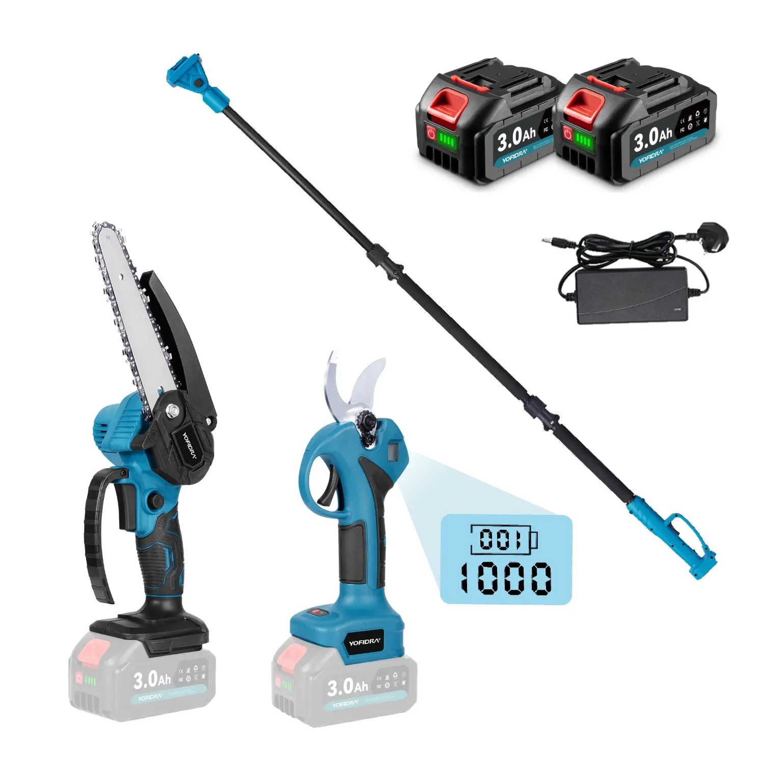 Yofidra 4 in 1 Telescopic Chainsaw Pole Pruner Cordless Electric Garden Shears - 30mm Brushless Telescopic Pruning Shears, 6 Inch Mini Chainsaw 20V, with 2x3000mAh Batteries, Working Height up to 2.4M Outdoor Tools Extendable Portable