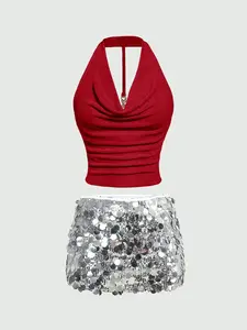 Glamorous shimmer sequin skirt paired with a stylish fitted strapless halter top set, perfect for fashionable evening parties and club dance events, Outfit
