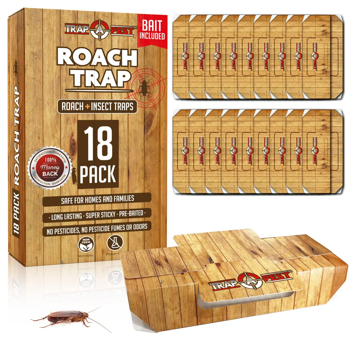 18 Pack Indoor Sticky Roach Traps with Bait, Non-Toxic Glue Traps for Cockroaches, Spiders & Crawling Insects, Long-Lasting Adhesive Pest Control