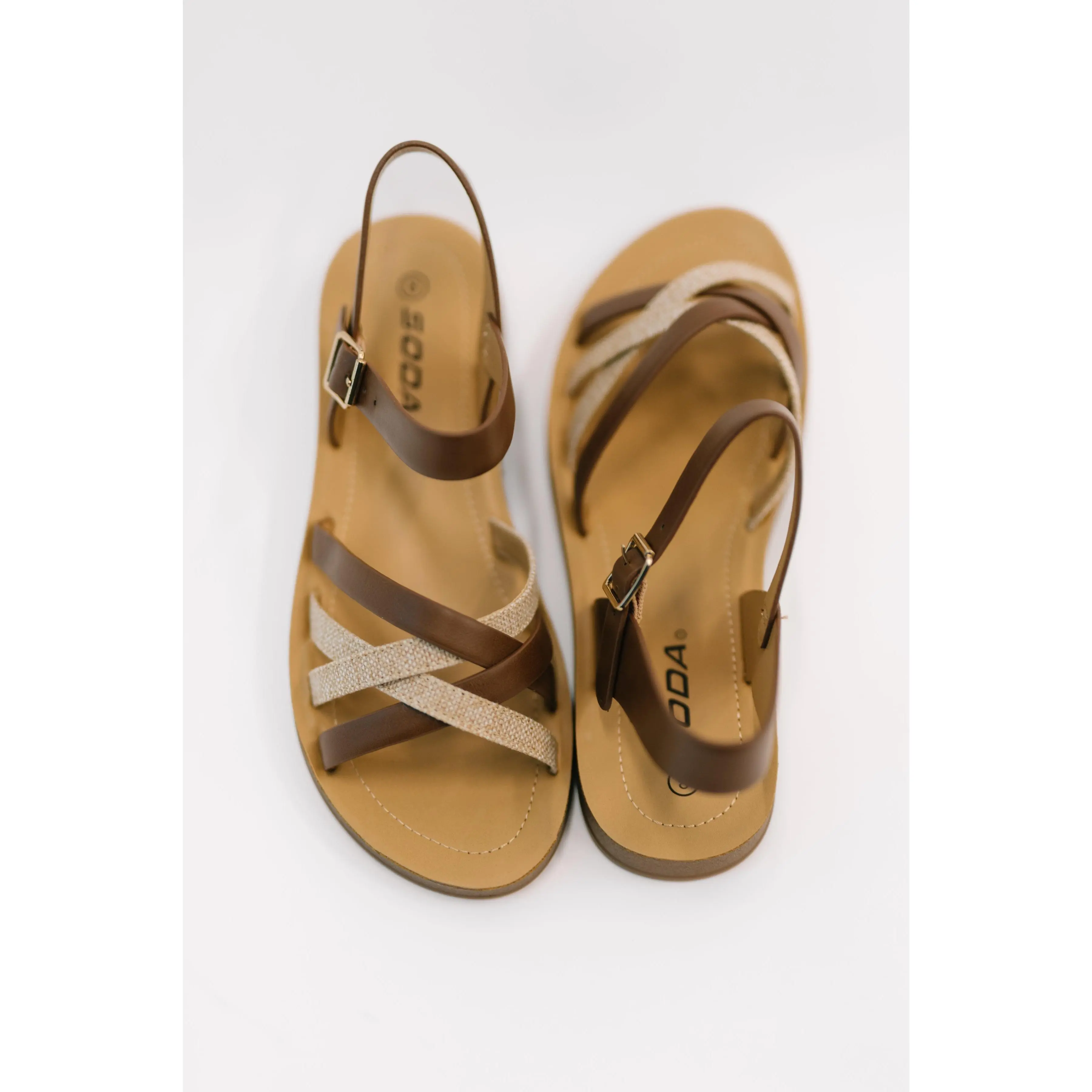 SODA Lev Sandals, Woven Leather Ankle Strap Shoe with Adjustable Buckle, Round Toe Slingback Design in Tan, Footwear, Women, Rubber, Breathable