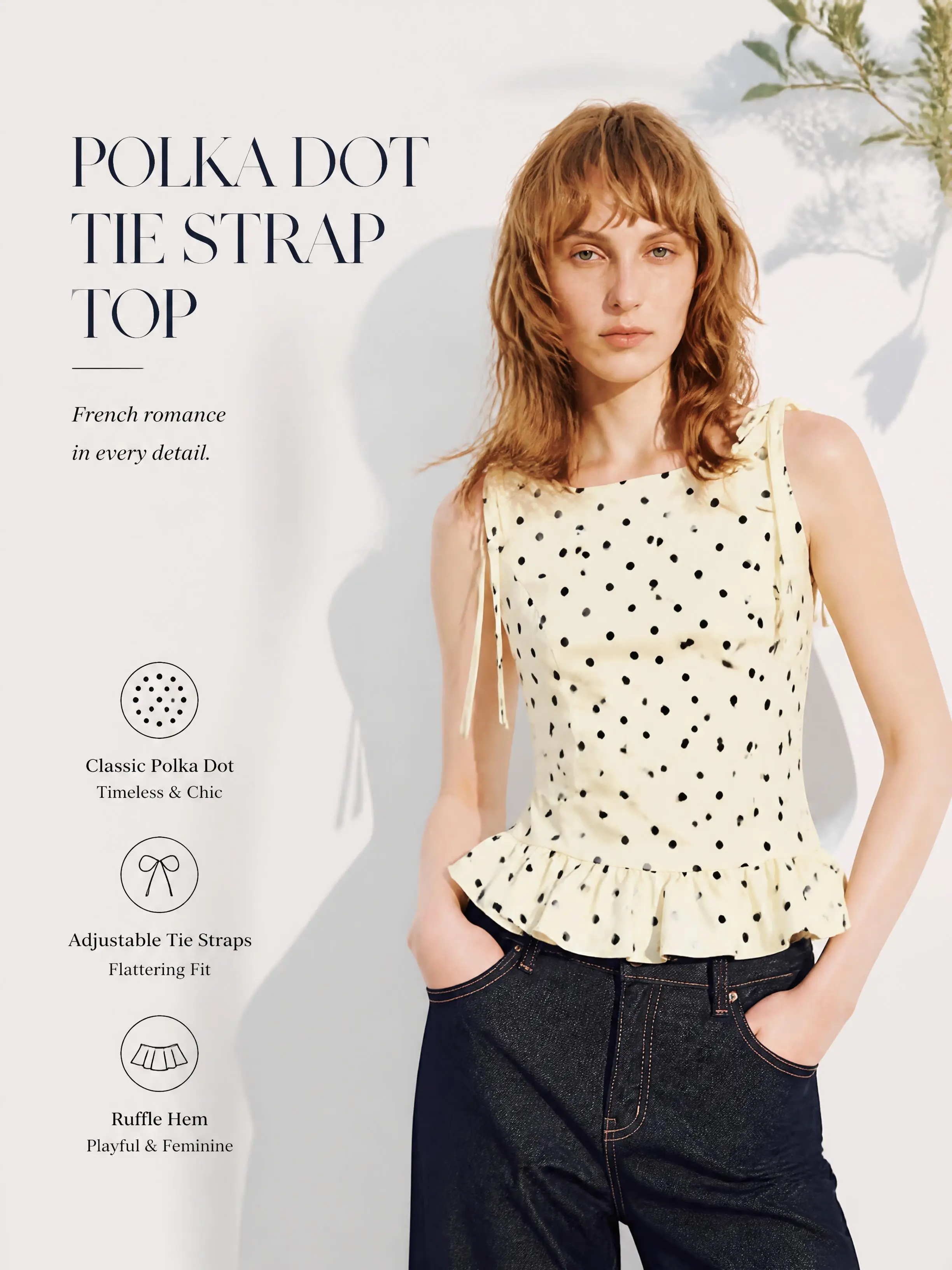 Women's Summer Polka Dot Sleeveless Top, French Chic, Light Luxury, Tie-Waist Ruffle, Slimming Vest