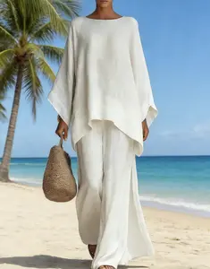 Women's 2-Piece Minimalist Casual Chic Co-ord Set - 2026 New Summer 3/4 Sleeve Scoop Neck Oversized Basic Top & Relaxed Loose-Fit Wide Leg Pants, 4-Way Stretch Polyester Solid Breathable Comfortable Clothes, for Vacation & Daily Wear