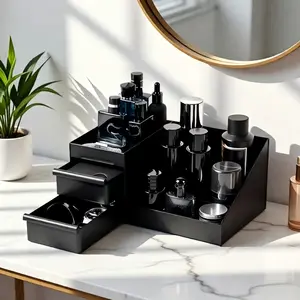 3-Tier Black Perfume Display Case with Drawers for Cologne & Skincare - Vanity Storage Essential