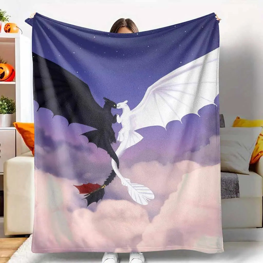Night Fury & Light Fury Printed Dragon Blanket - Ultra-Soft Comfy, Lightweight Throw, Fade-Resistant, Ideal for Bedroom Decor, Living Room Sofa, Giftable Dragon Blanket, Giftable Blankets, Lightweight Throw Blanket
