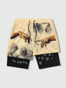 Men's Star & Letter Print 2 in 1 Drawstring Waist Shorts, Regular Fit Casual Pocket Track Shorts for Summer, Fashion Men's Bottoms for Daily Wear