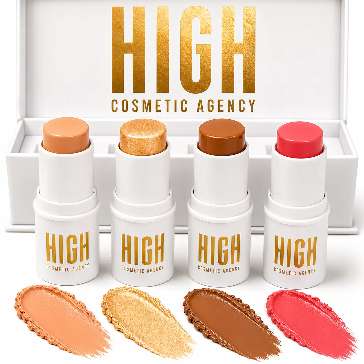HIGH COSMETIC AGENCY TO GO! 4-in-1 Cream Makeup Kit – Concealer, Contour, Blush & Highlighter Sticks | Travel-Friendly Face Sculpting Set | Blendable Formula | Vegan & Cruelty-Free