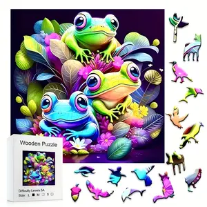 Special-shaped jigsaw puzzle, This 5A Difficulty Colorful Frog Bouquet Wooden Puzzle colorful frogs, magic flower planting details, immerse in decompression, challenge, gift selection, cute pet fans, jigsaw puzzle party.