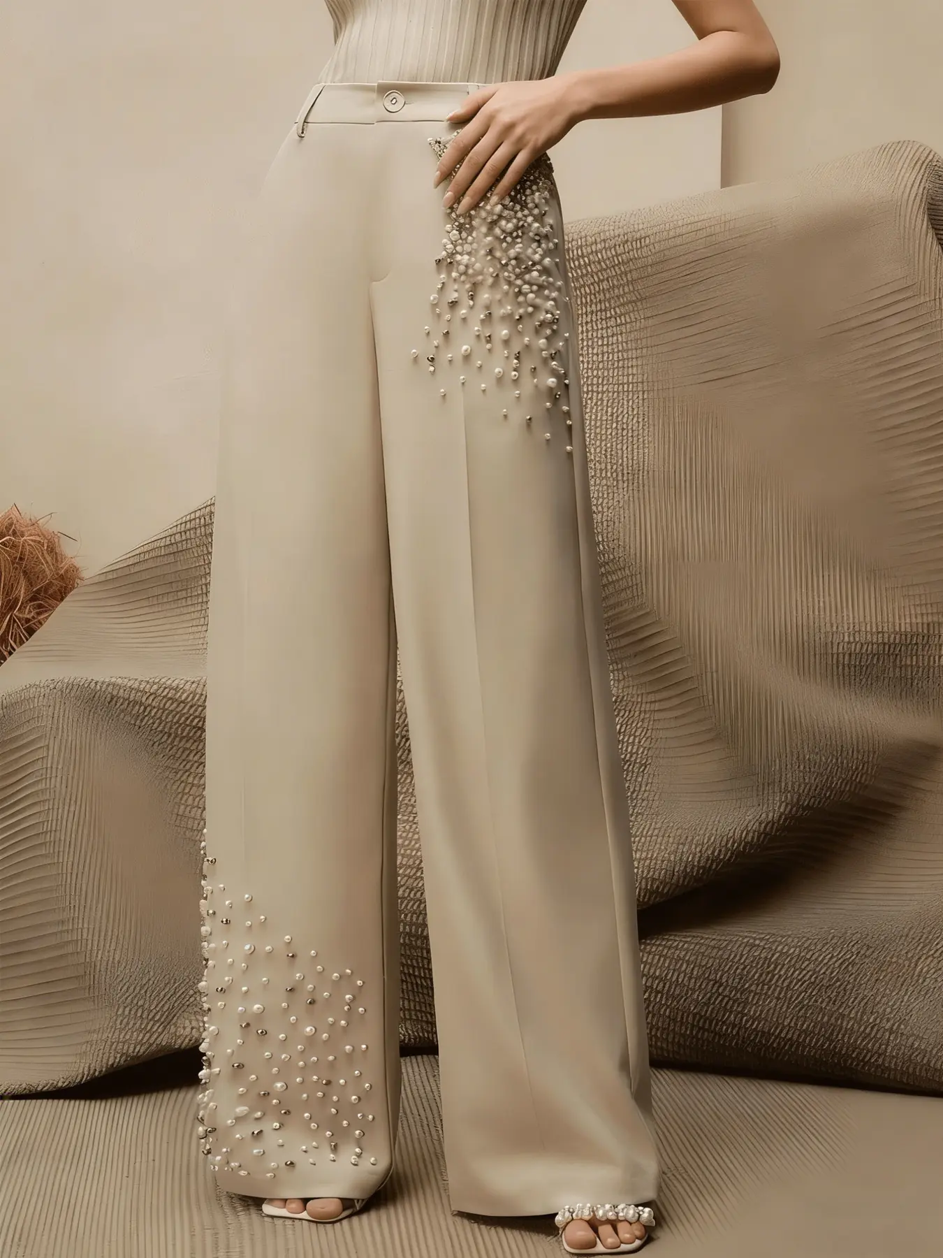 A women's khaki fashionable high-waisted single-button beaded design suit wide-leg Bottom pants, suitable for summer, Everyday, daily commuting, casual outings, and home wear.