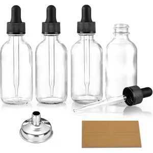 Set of 4, 1 oz Clear Eye Dropper Bottles with 1 Stainless Steel Funnels & 4 Labels - Black Caps 30ml Thick Glass Tincture Bottles - Leakproof Essential Oils Bottles for , Personal Care & Beauty