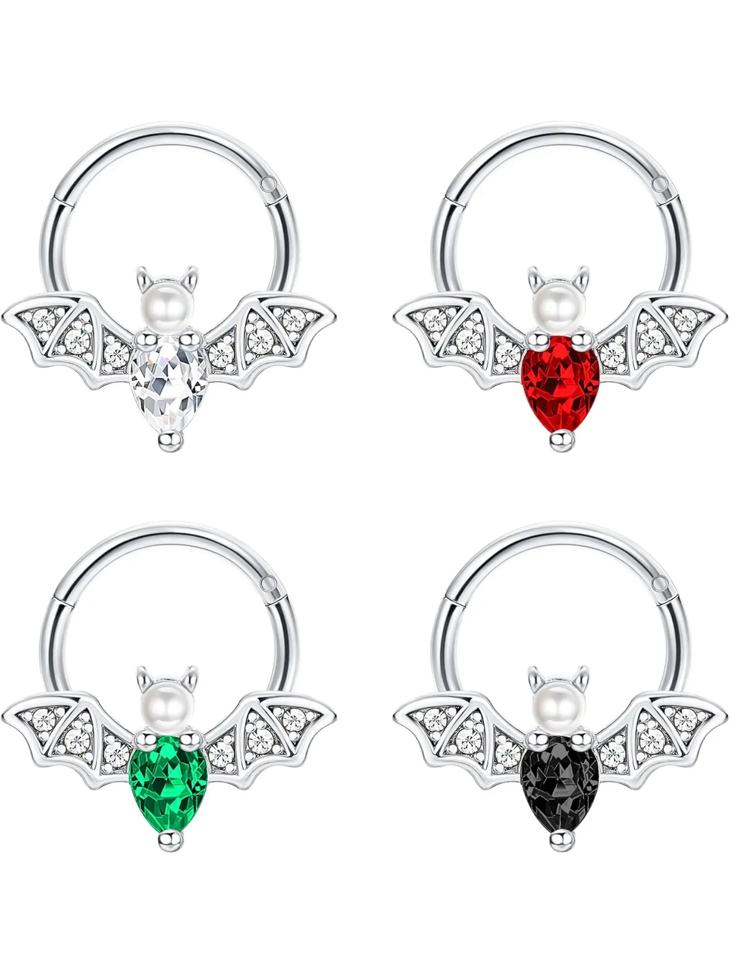4Pcs 316L Stainless Steel Septum Piercing Jewellery for Women Men 16G Daith Piercing Jewellery 8mm 10mm Septum Rings Rhinestone Nose Rings Colorful CZ Bat Nose Helix Cartilage Tragus Earrings Piercing Jewellery Nose Jewelry