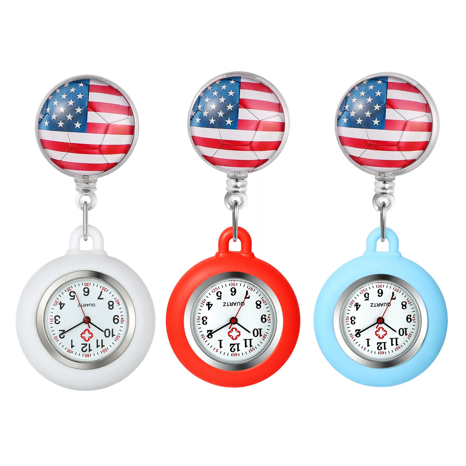OIDEA Women's Retractable Nurse Fob Watch - American Flag Silicone Cover, 1.25 oz Alloy Durable Eco-Friendly Lightweight Quartz Watch with Hands-Free Clip for Healthcare Workers (Independence Day, Veterans Day), Compact, Eco-Friendly Silicone Cover, Retra