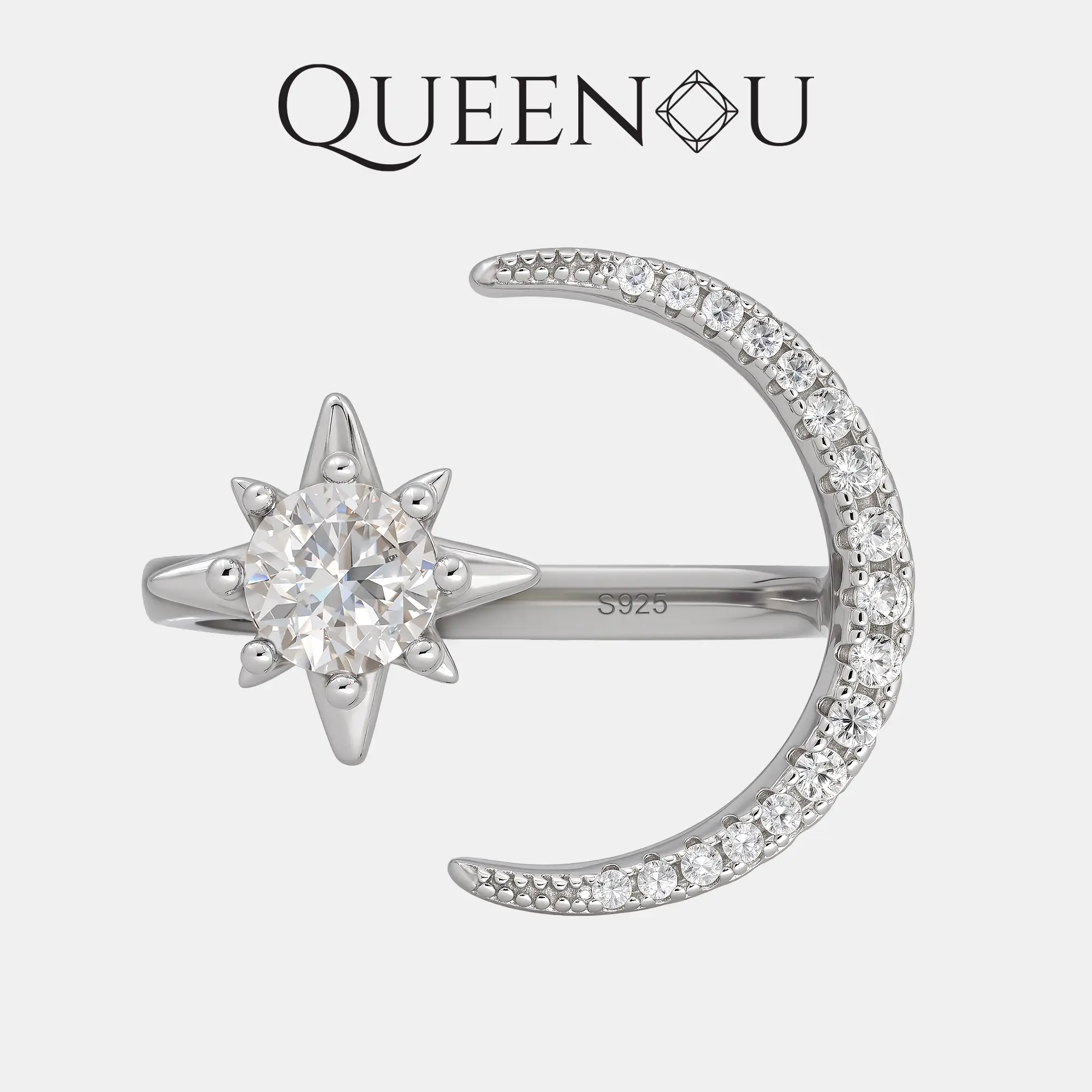 【1006】Adjustable Star and Moon Ring | 0.5CT Round Synthetic Moissanite on Star, Zirconia on Moon | Available in White, Blue, Purple Moissanite