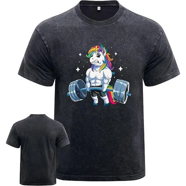 Men's Weightlifting Unicorn Washed T-Shirt, Tightly Fitted Gym Wear, Cotton Blend, for Strength Training, Machine Washable, Tightly Fitted Shirts, Muscle Show
