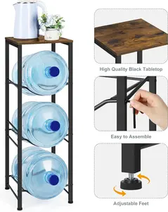 3-Tier Water Bottle Rack Wood Top Metal Frame 5 Gallon Jug Storage Stand Black Space Saving Design Easy Assembly Adjustable Feet Modern Kitchen Home Sturdy Wooden