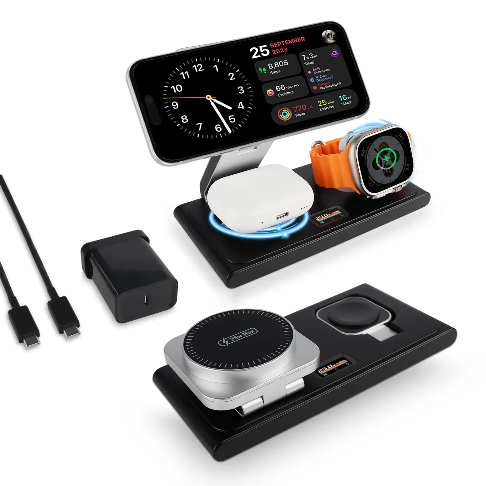 MONASAY 3 in 1 Wireless Charging Station with LCD Screen & 45W Charger | Foldable Magnetic Dock with 25W Fast Charge for iPhone 17/16/15/14/13/12, Apple Watch & AirPods | On/Off Display Button