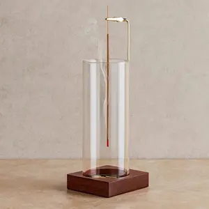 Glass Incense Holder with Wooden Base – Anti-Ash Incense Burner for Sticks, Includes 20 Incense Sticks, Ideal for Meditation, Yoga, Relaxation, Spa & Home Decor