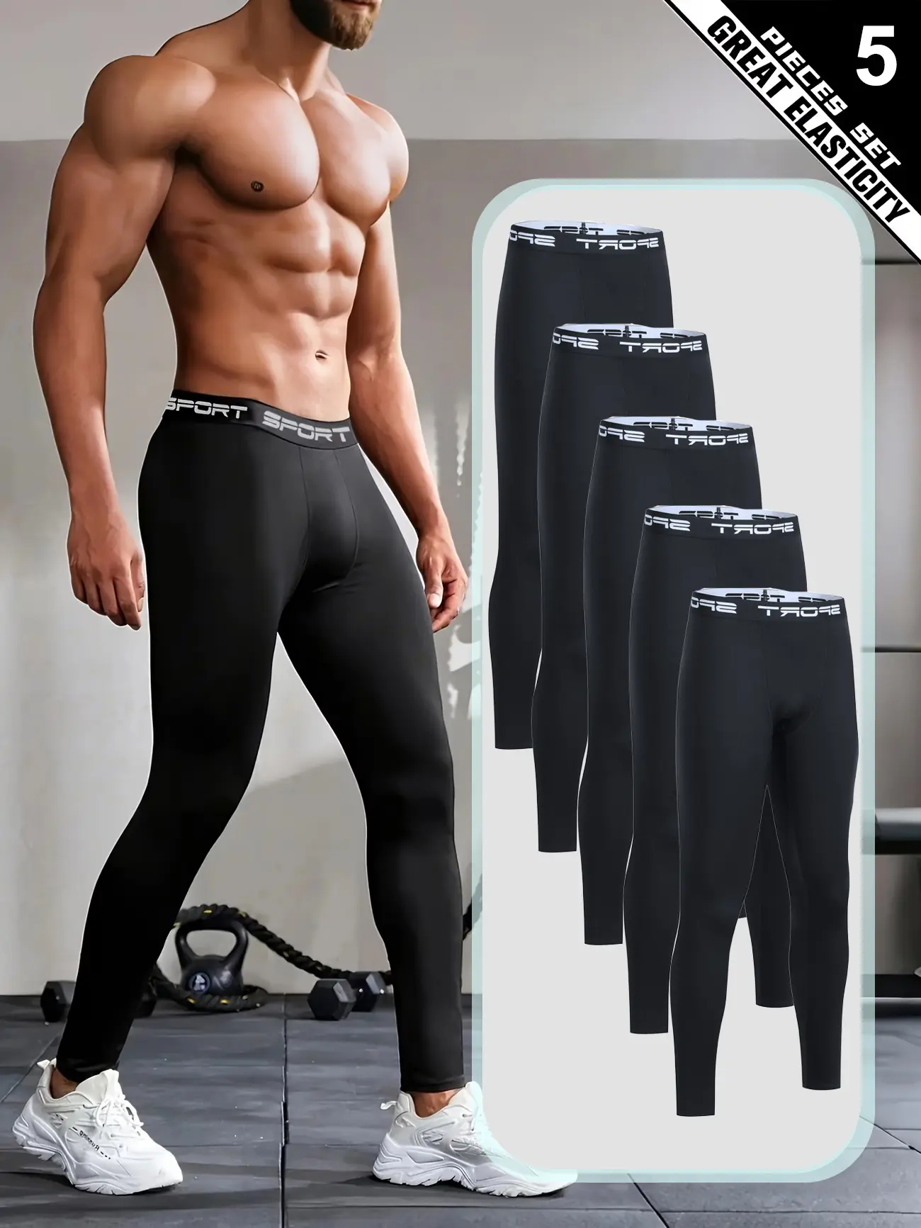 Men's 5-piece thermal underwear set, fleece-lined and highly elastic, ideal for winter warmth and comfort at home, perfect as a base layer for outdoor activities, fitness, hiking, and running.