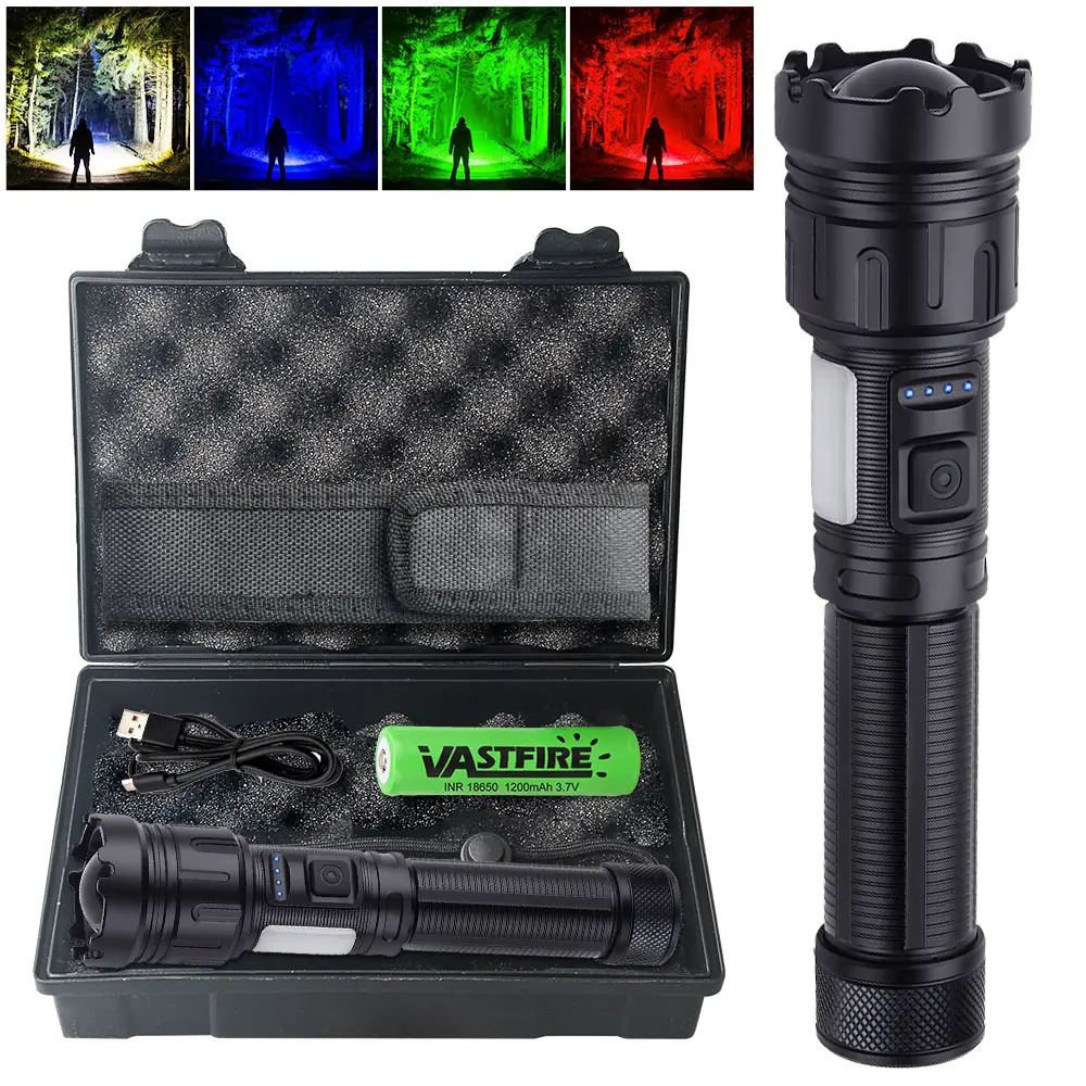 VASTFIRE 4-in-1 Multifunctional LED Rechargeable Flash Light Tactical Accessory Gift Set, 1200 Lumens Adjustable Tactical Torch, USB-C Charging, 18650 Battery, Phone Charger, 4-Color Switch (Incl. Green Beam, USB Cable), for Camping, Hiking, Search Use