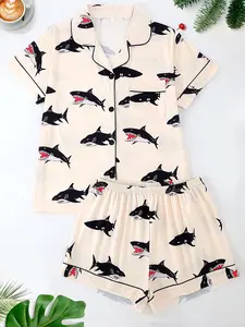 Women's Sleepwear Set, Collared Short Sleeve Cardigan & Loose Elastic Shorts, Ocean Animal Shark Full Print, All Seasons Comfortable Fit, Pajama Set, Loungewear, Sleepwear Pajamas Set