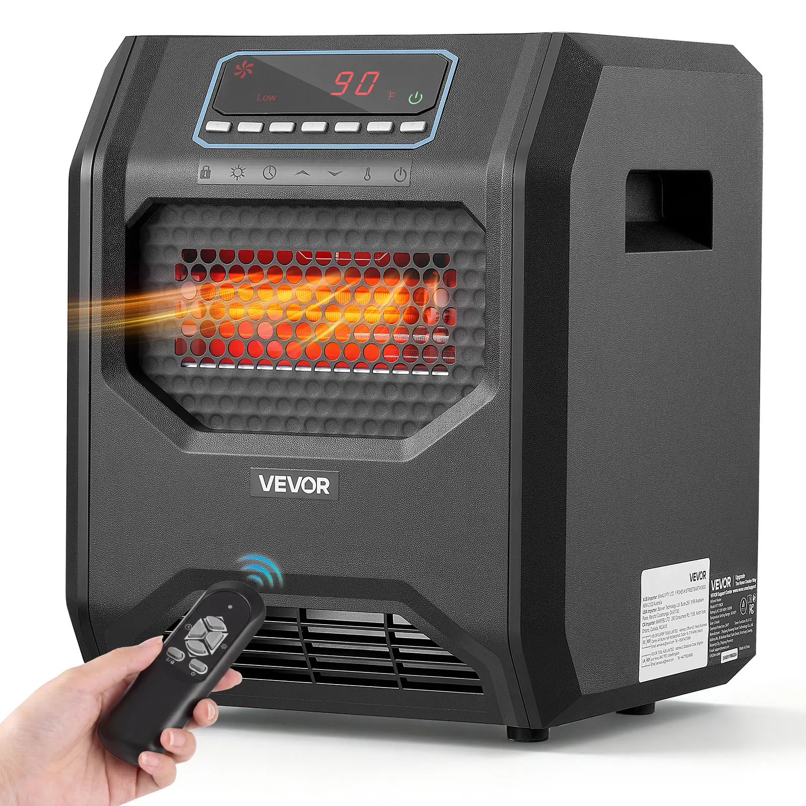 VEVOR Infrared Heater 1500W Electric Space Heater with Remote Control Black, 3 Heat Settings, 12H Timer, Overheat Shutoff, Portable Wheels, Premium ABS, Indoor Use for Bedrooms, Offices, Studies