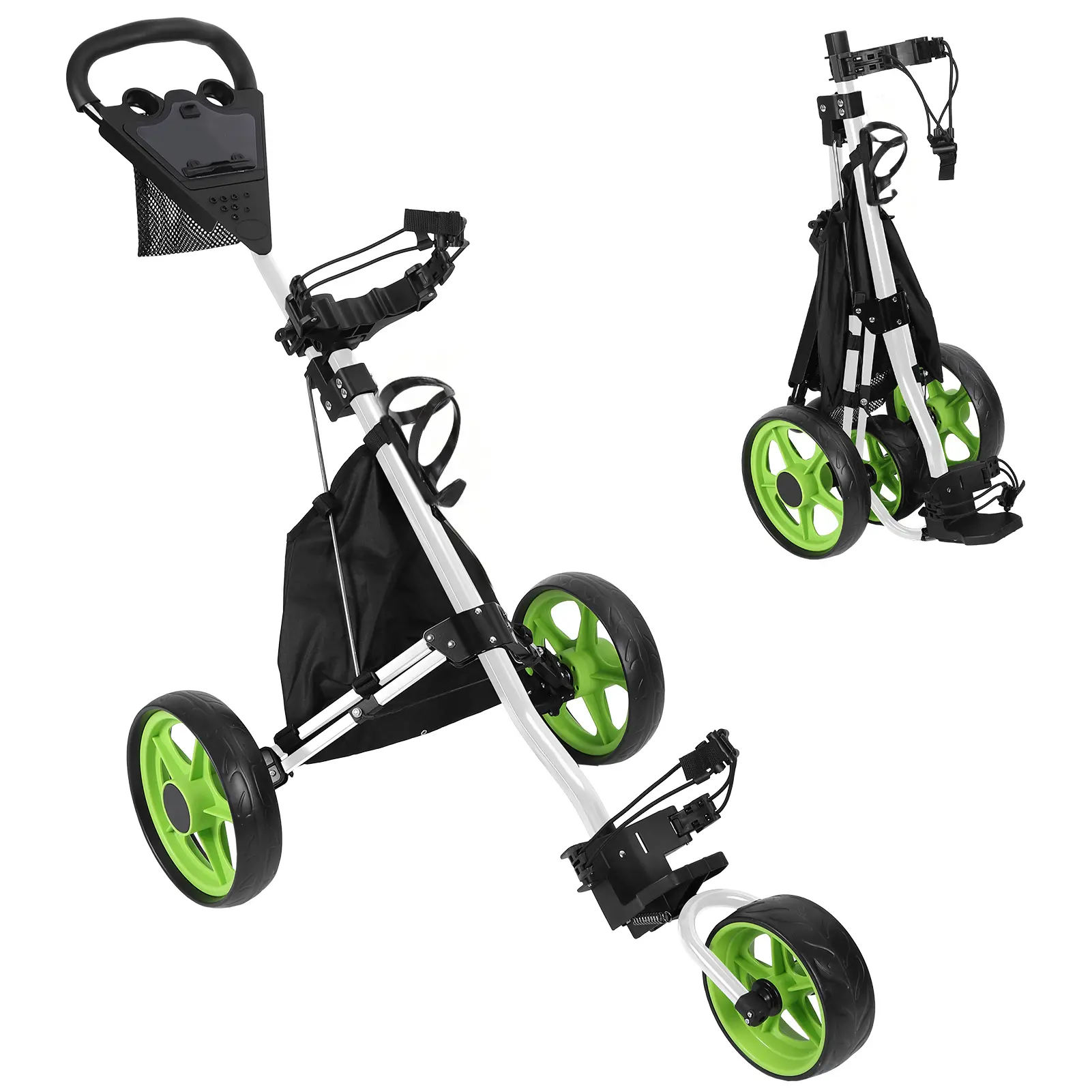 3-Wheel Aluminum Alloy Foldable Golf Push Cart with EVA Components, Plastic Ball Loading Aperture, Scorecard Board, Water Bottle Holder, Foot Brake