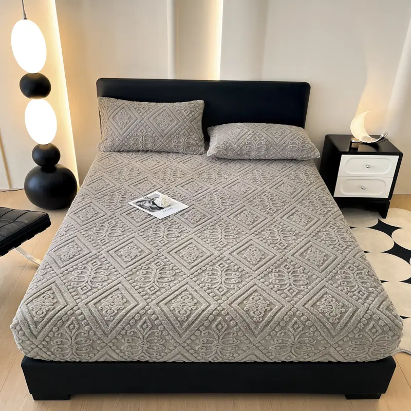 King Size Embossed Gray Plush Fleece Fitted Sheet - 10 in Deep Pocket Jacquard Velvet Mattress Cover, Soft Warm Winter Bedding, Single Pack