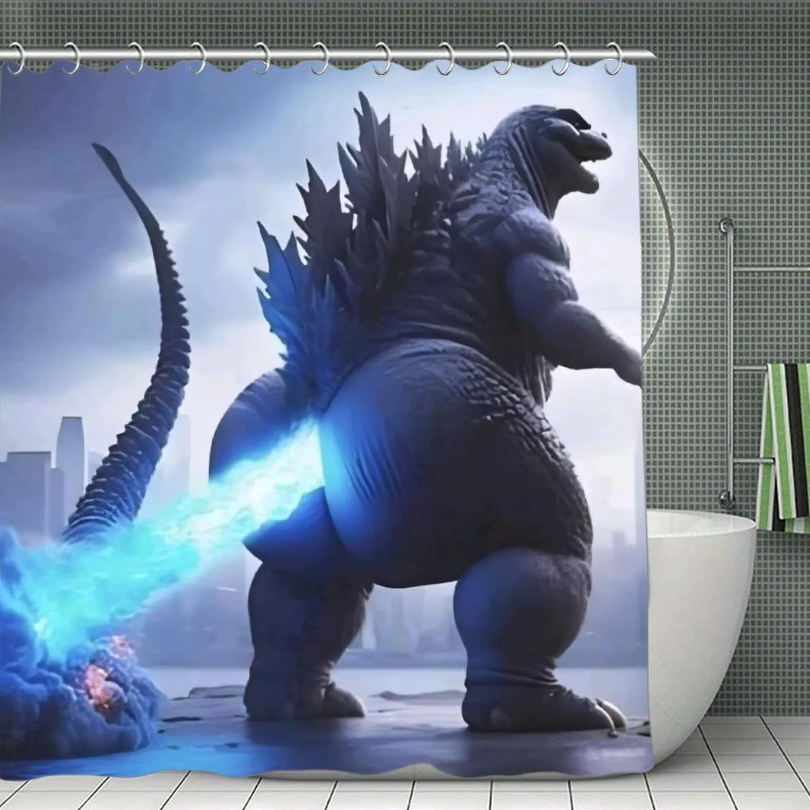Funny Chubby Godzilla Shooting Atomic Breath From Rear End Meme Shower Curtain