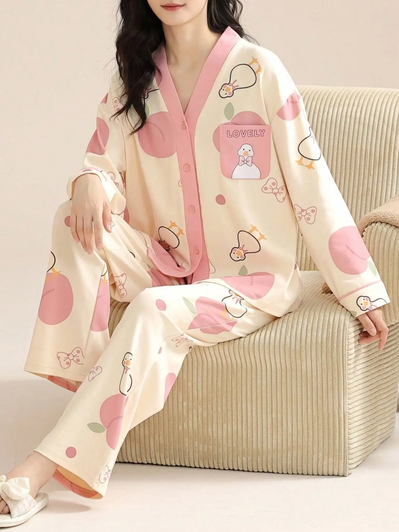 Women's V-Neck Sleepwear Set, Spring Long Sleeve Top and Pants, Soft Comfortable Home, 2-Piece Loungewear for Ladies, Pajama Set