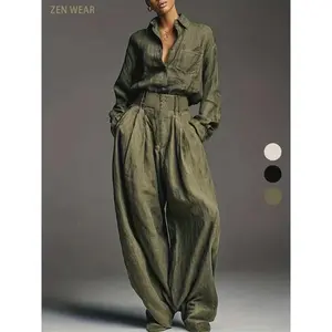 Spring & Fall Women's Fashion Two-Piece Set, Solid Color Shirt and Long Pants, Casual Style, Perfect for Daily Wear