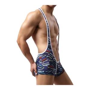 Mens Blue Singlet Wrestling Print Fitness Tank Top Sexy Bodysuit Pouch Underwear Workout Leotard Beach Jumpsuit Bikini Swimsuit