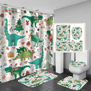Dinosaur Pattern  Shower Curtains Set,  4 Counts/set Including Shower Curtain & Toilet Lid Cover & Bath Mat & U-shaped Mat, Bathroom Accessories, Shower Curtain Sets