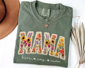 Comfort Colors Personalized Mama Shirt With Kids Names Faux Embroidery Effect Mama Gift For Mothers Day Custom Mom Gift,Not Real Embroidery