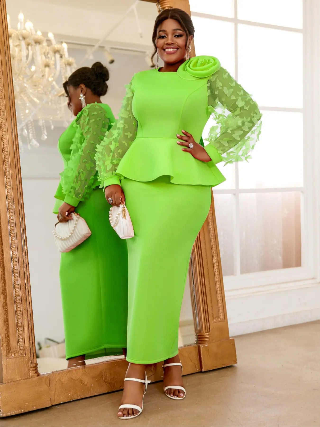 AOMEI Women's Elegant Chic Aesthetics Floral Butterfly Mesh Bishop Long Sleeve Round Neck High Waist Peplum Bodycon Formal Evening Cocktail Maxi Dress with Flower Womenswear
