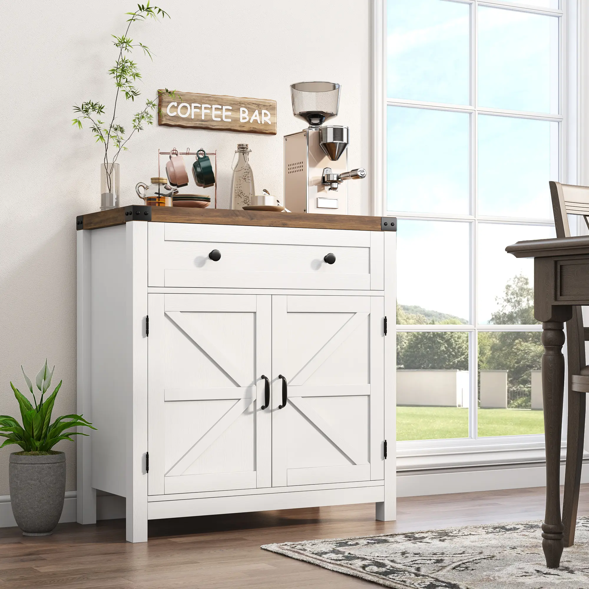 HOSTACK Coffee Bar Cabinet, Storage Cabinet, Modern Buffet Sideboard with Drawer and Adjustable Shelf, Barn Door Accent Cabinet