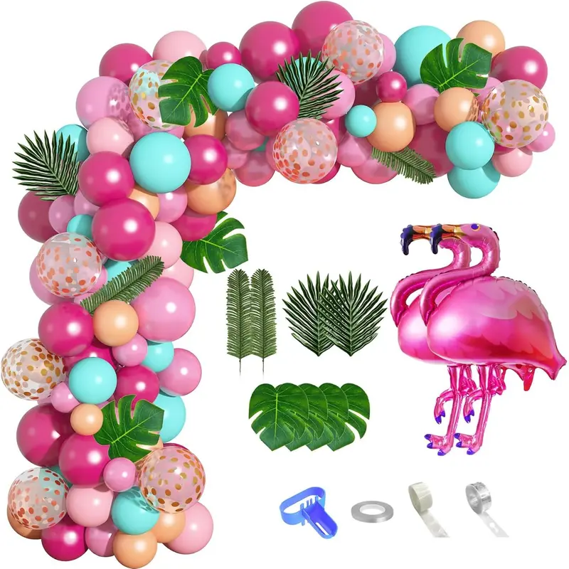 124Pcs Tropical Flamingo Balloon Arch Garland Kit 40" Flamingo Balloons Hot Pink Confetti Balloons Tropical Palm Leaves 4 Tools Hawaiian Luau Birthday Wedding Baby Shower Party Decorations Supplies Float