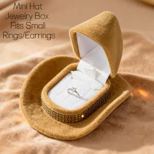 Compact Jewelry Box - Western-Style Velvet Mini Cowboy Hat Design, Dustproof Irregular PVC Home Organizer, Ring Storage Gift Box for Small Rings and Earrings