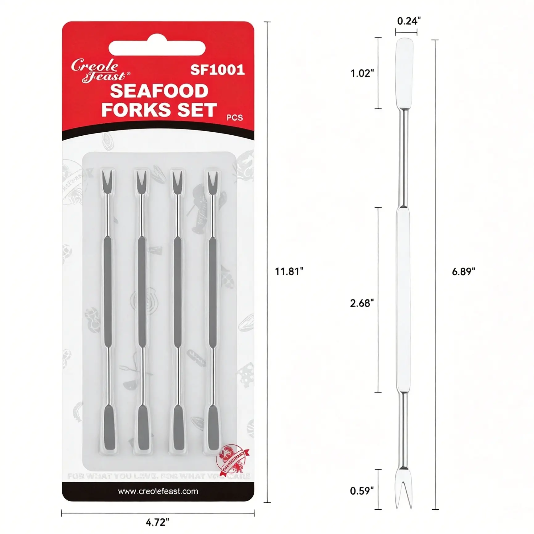 Creole Feast SF1001 7-Inch Stainless Steel Seafood Forks, Set of 4 Double-Ended Crab & Lobster Picks, Multi-Purpose Nut Picks for Nuts Shrimp Crawfish, Reusable Seafood Tool Set, Silver,Sturdy Utensils Kitchen