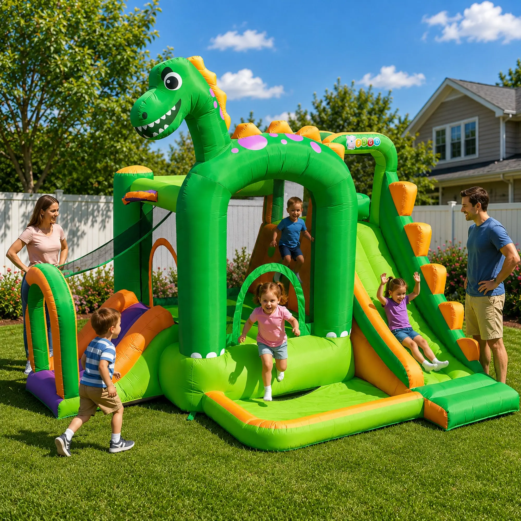 Pogo Bounce House Backyard Kids Inflatable Jump Castle with Slide, Dinosaur