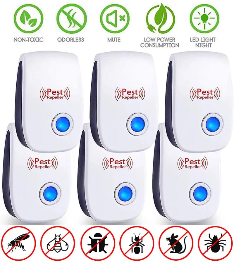 6-Pack Electronic Pest Reject Control Ultrasonic Repeller Home Bug Rat Spider Roaches Non-Toxic Safe for Kids & Pets LED Night Light Plug-in Indoor Use