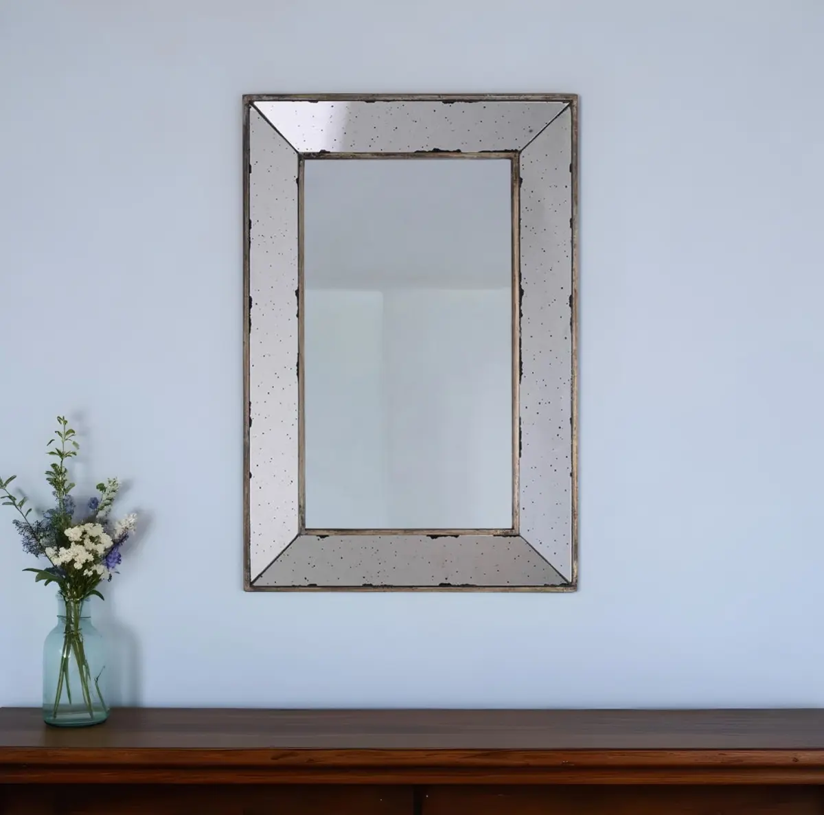 20 in. Rectangle Silver Framed Vintage Glass Accent Mirror - Wood, Traditional Home Decor, 360-Degree Stand, Wall Mount Installation Hanging Mirror