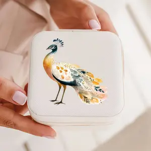 Mini Peacock Jewelry Box, 10x10x5cm Portable Travel Jewelry Organizer Case, Watercolor Peacock Print Small PU Leather Storage Box for Rings Earrings Necklaces, Gifts for Women Girls