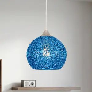 7.1 Inch BlueGlobe Hanging Pendant Light, Modern Metal Wire Ceiling Light For Dining Room Kitchen Island Bedroom Living Room, Chrome Finish With Blue Aluminum Shade