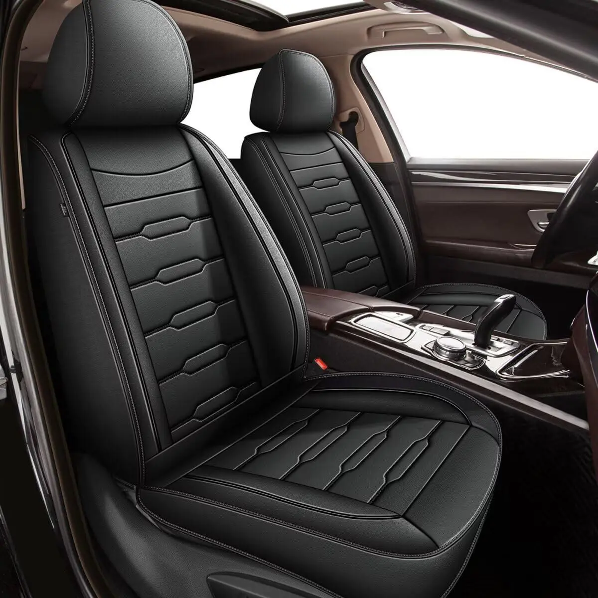 Faux Leather Full Set Car Seat Covers, 2/5-Seat Custom Fit Vehicle Protectors with Lumbar Support, Waterproof Breathable Airbag-Safe Cushions, Quick Install, Car Seat Protectors