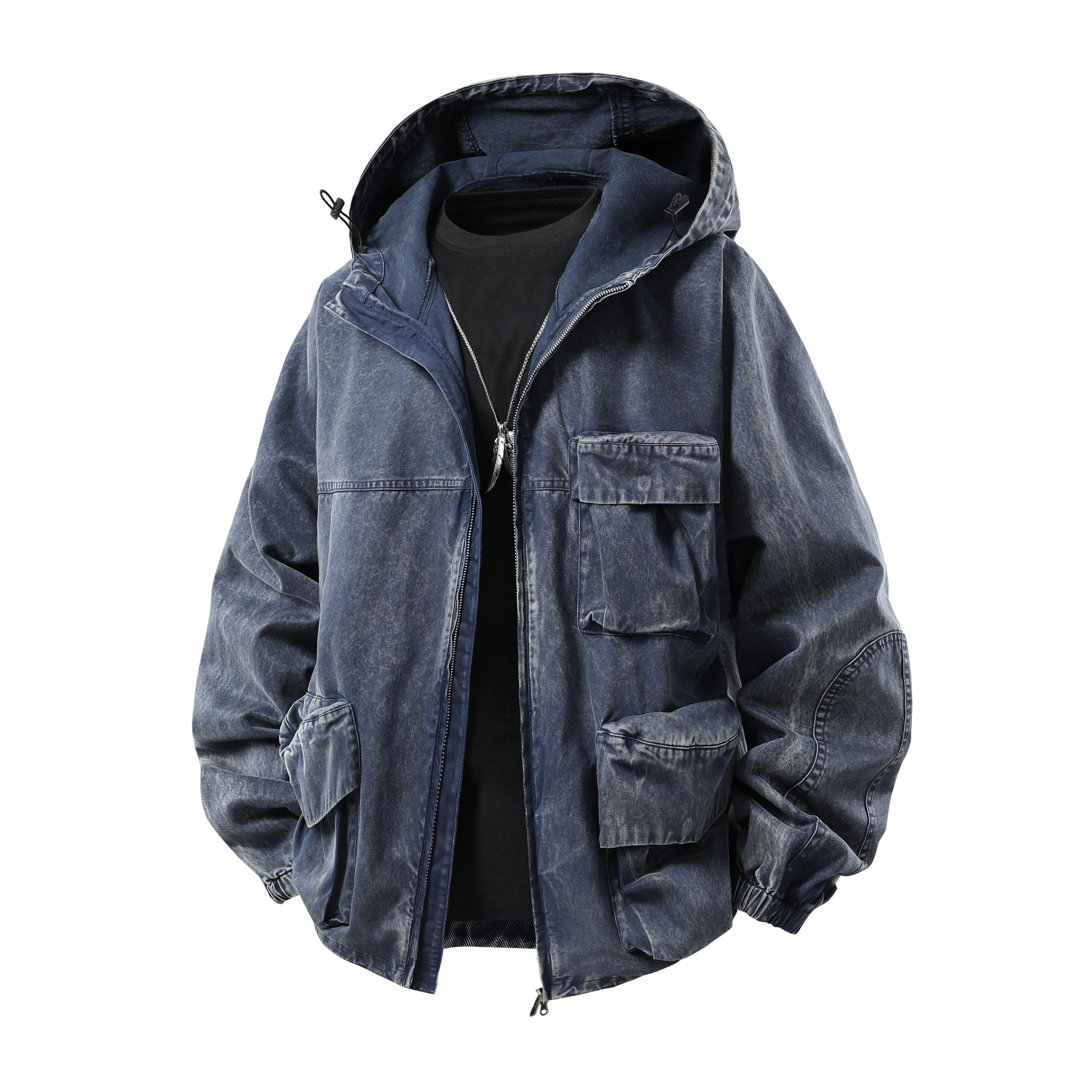 Men's Pure Cotton Hooded Jacket - Fitted Full Zip-Up, Medium Length, Plain Solid, Soft, with Inner Pocket & Side Pockets, for Casual Sportswear, Fashion Streetwear, Sporty Chic Tops Coats