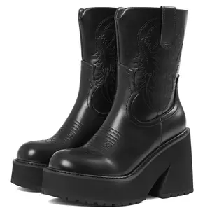 Women‘s Embroidered Wedge Heel Thick-soled Fashionable Ankle Boots Retro Western Cowgirl Boots with Embroidered Details and Fringe Accents Soft Suede Mid-Calf Boots Bohemian Vintage Style