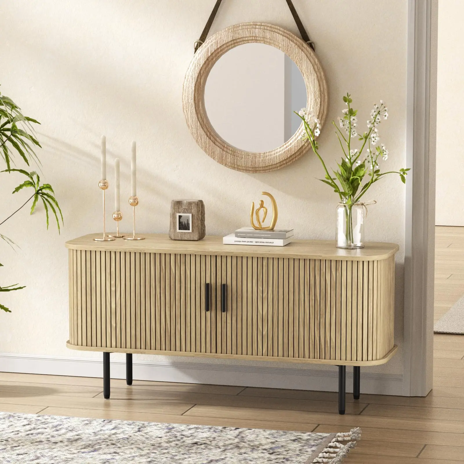 [Summergarden] Vabches Modern Home Storage Buffet Sideboard Cabinet - Black Fluted Design with Curvy Edges, Sliding Door Coffee Bar Credenza Console Table for Living Room, Kitchen, Home Storage Cabinet
