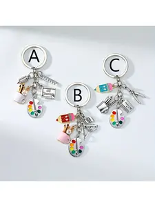 1pc Alloy Ancient Silvery Art Painting Board Keychain, with Ruler, Paint Brush and Pen Holder, School Art Small Gift, Gift Choice for Painting Friends