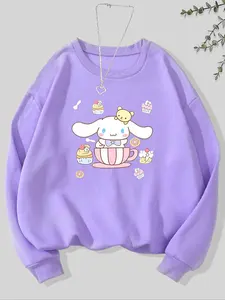 Women's Cartoon Rabbit Print Drop Shoulder Cute Animal Sweatshirt, Casual Long Sleeve Round Neck Pullover for Fall & Winter, Ladies Clothes for Daily Wear