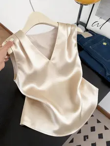 Womens Elegant Sleeveless Satin Blouse, Champagne Color with V-Neck & Cowl Neck, Silky Smooth Casual & Office Wear Tank Top for Work, Daily Wear, Party